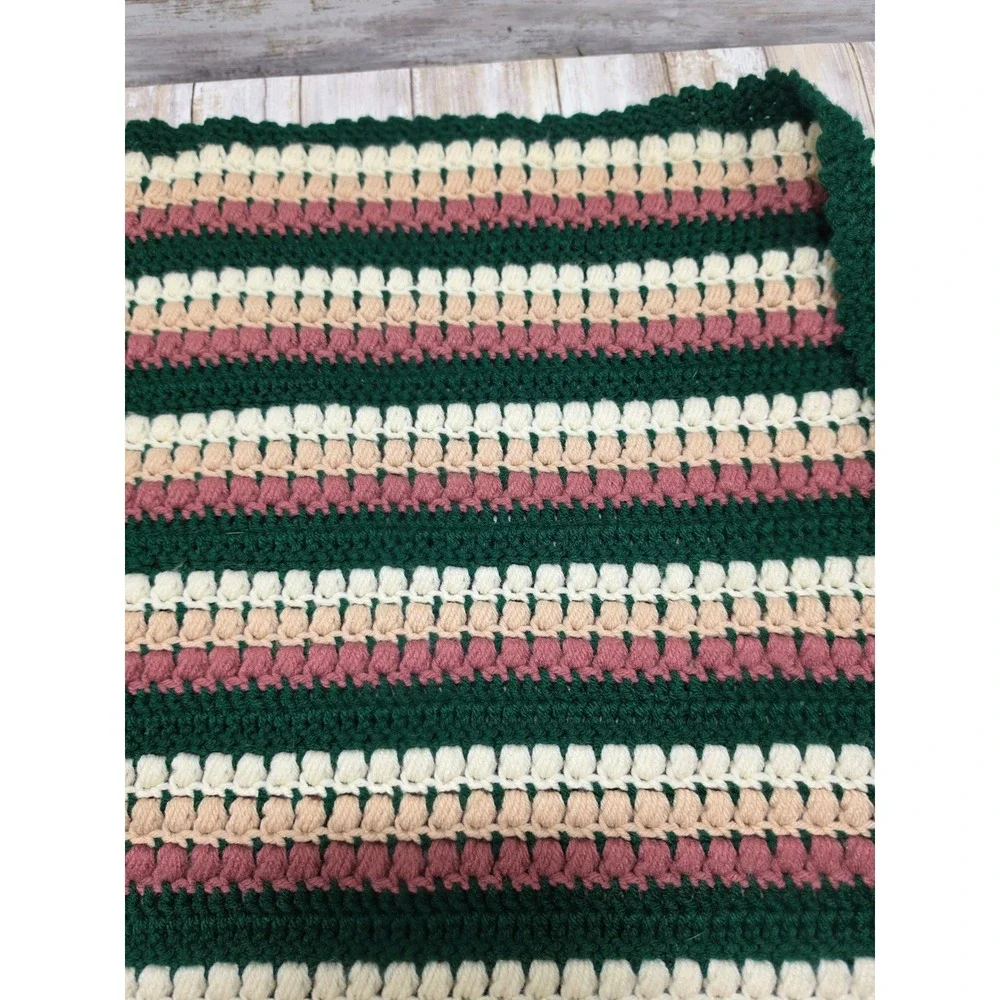 Vintage Handmade Crochet Afghan Blanket Green Pink Cream‎ Bobble Stitch Striped